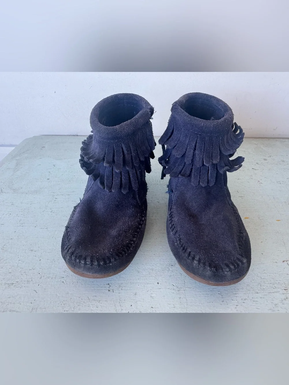 Minnetonka Navy Suede Fringe Moccasin Boots